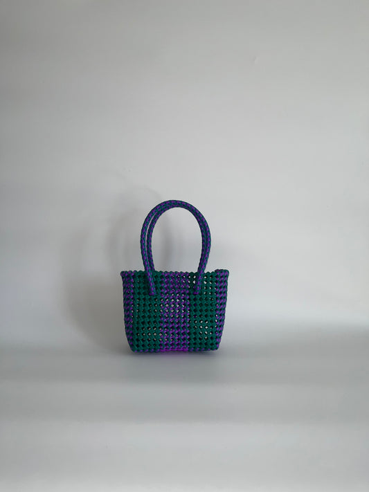 N°91XS bis - SAC CABAS TRESSÉ MAIN - MINI - violet & vert foncé