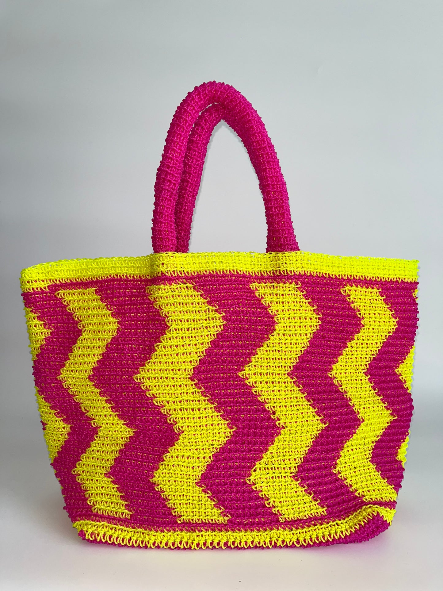 N°24SC - SAC CROCHET ZIGZAG L - GRAND - rose fluo & jaune fluo