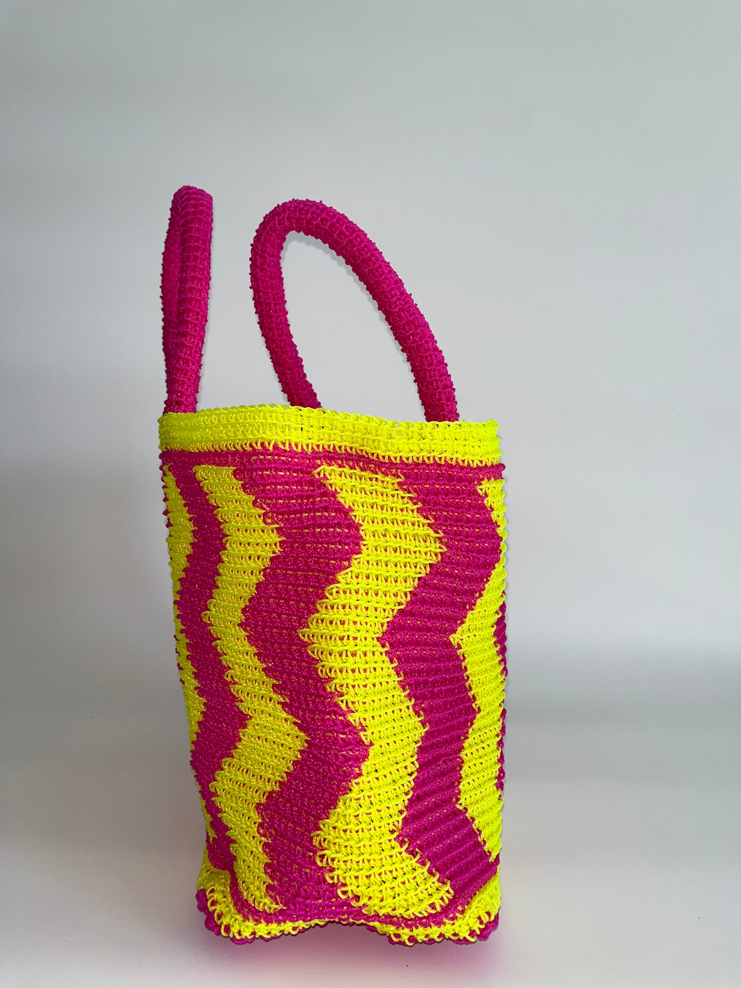 N°24SC - SAC CROCHET ZIGZAG L - GRAND - rose fluo & jaune fluo