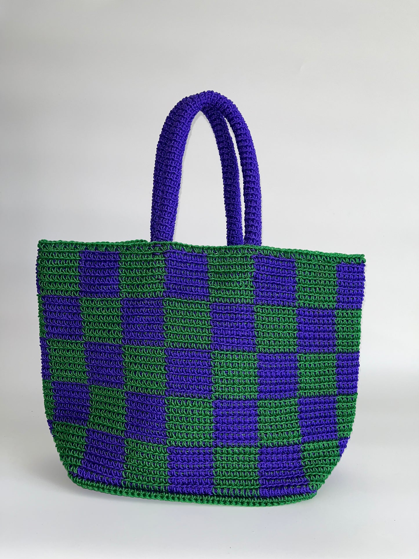 N°25SC - SAC PANIER CROCHET DAMIER L - GRAND - VIOLET & BLEU FONCE