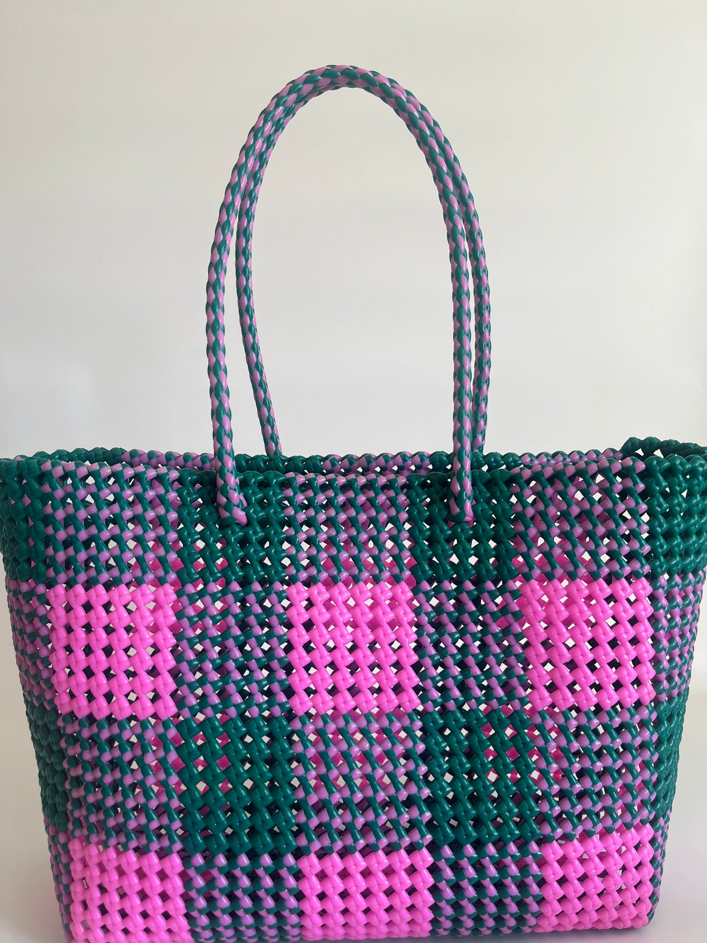 N°52L - SAC CABAS TRESSÉ MAIN - GRAND - rose clair & vert foncé