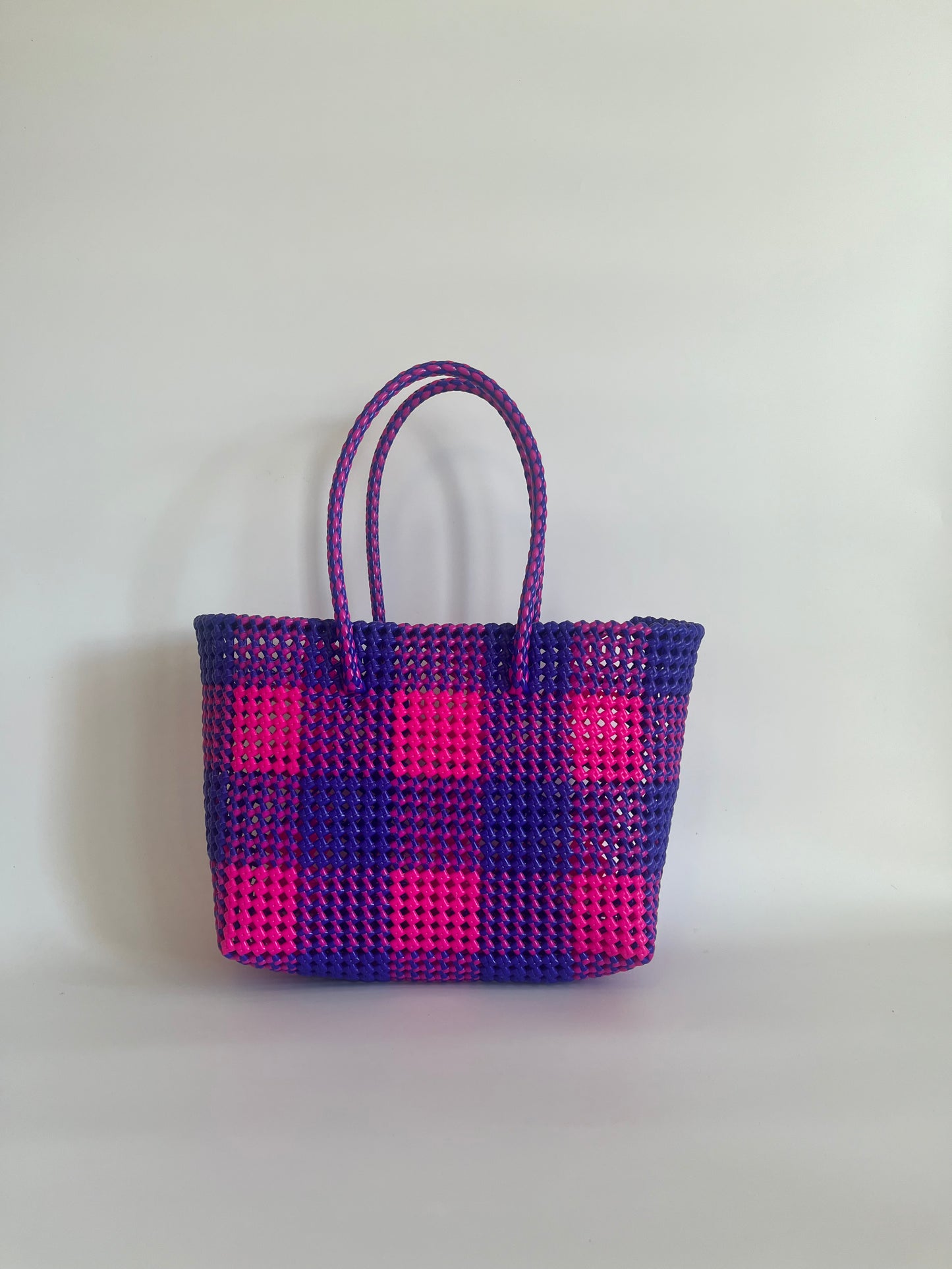 N°15L - SAC CABAS TRESSÉ MAIN - GRAND - rose fluo & bleu foncé