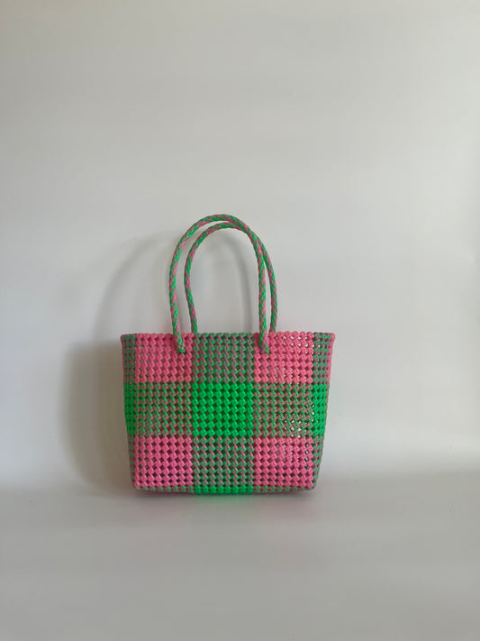 N°105M - SAC CABAS TRESSÉ MAIN - MOYEN - vert fluo & rose clair