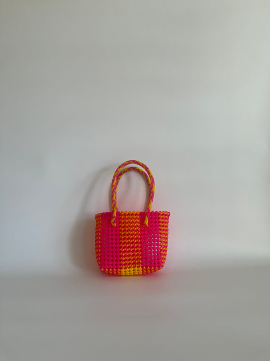 N°120XS bis - SAC CABAS TRESSÉ MAIN - MINI - jaune & rose fluo