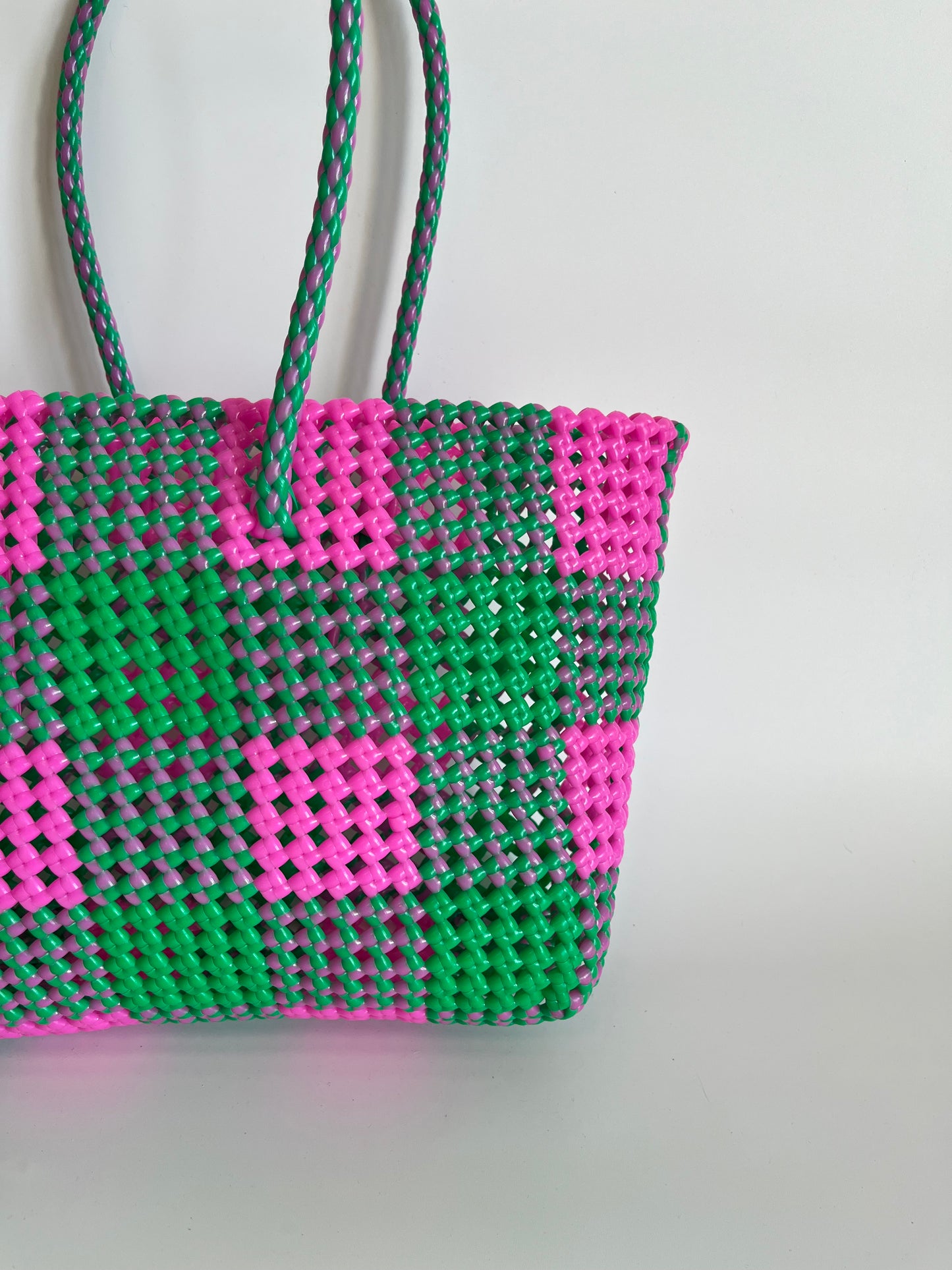 N°19M - SAC CABAS TRESSÉ MAIN - MOYEN - rose clair & vert
