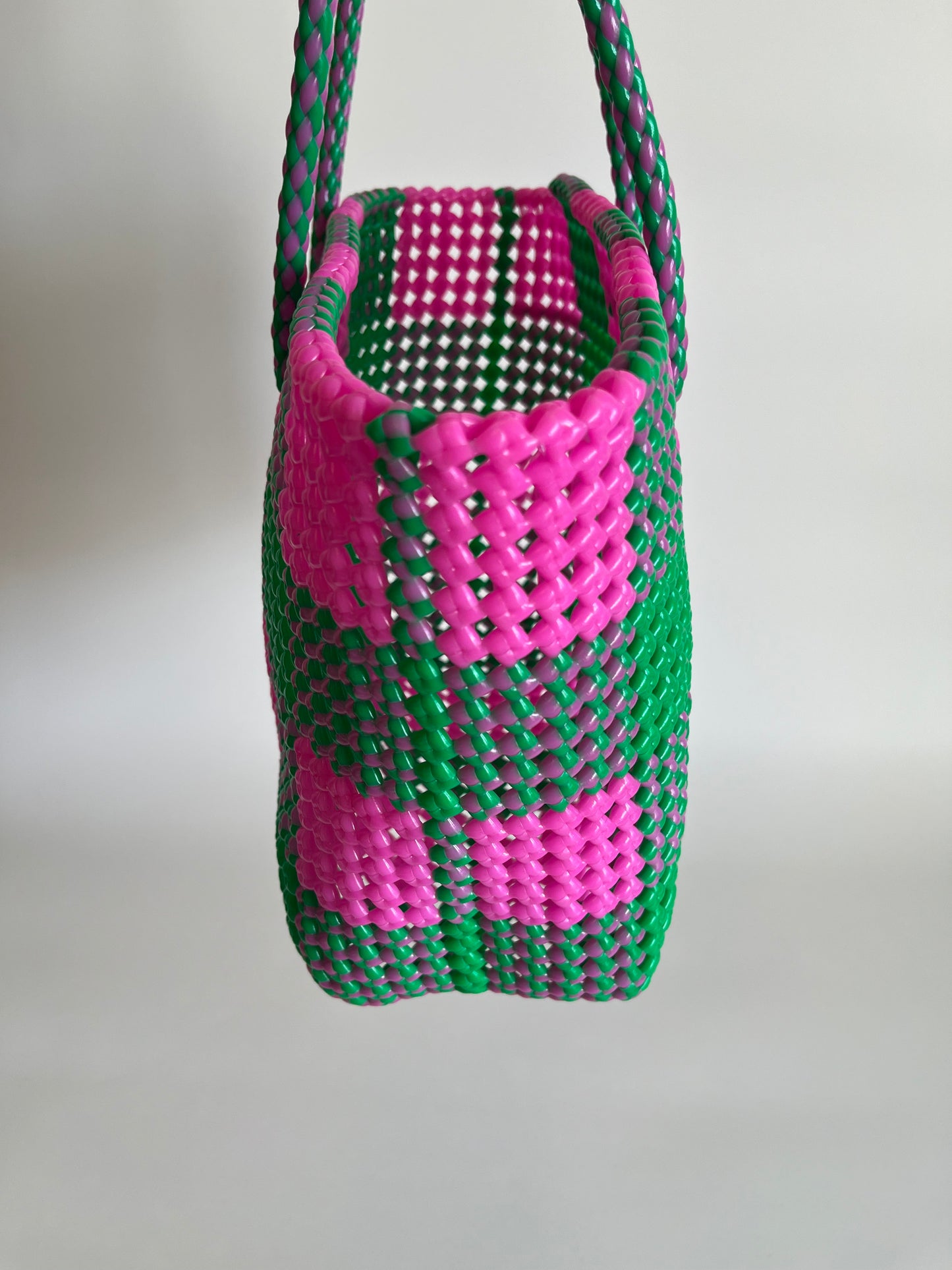 N°19M - SAC CABAS TRESSÉ MAIN - MOYEN - rose clair & vert