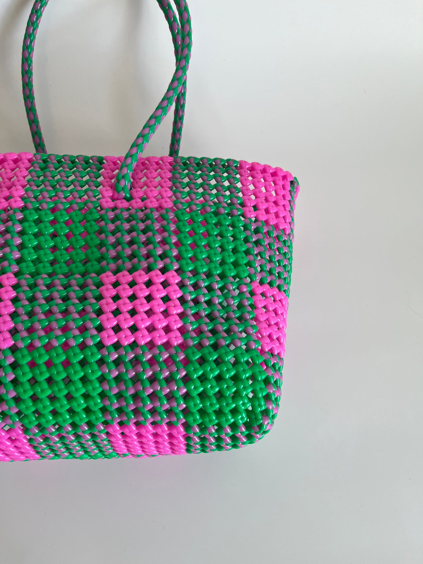 N°19M - SAC CABAS TRESSÉ MAIN - MOYEN - rose clair & vert
