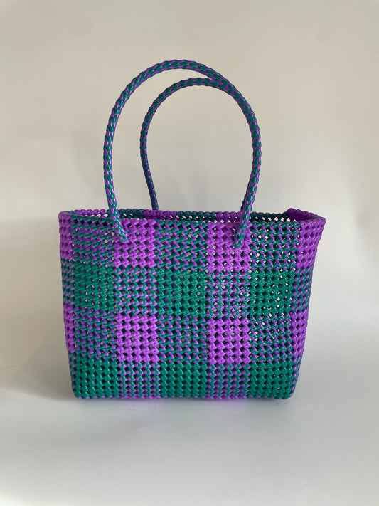 N°91L - SAC CABAS TRESSÉ MAIN - GRAND - violet & vert foncé