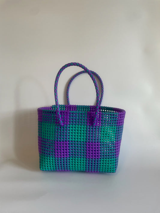 N°3L - SAC CABAS TRESSÉ MAIN - GRAND - turquoise & violet
