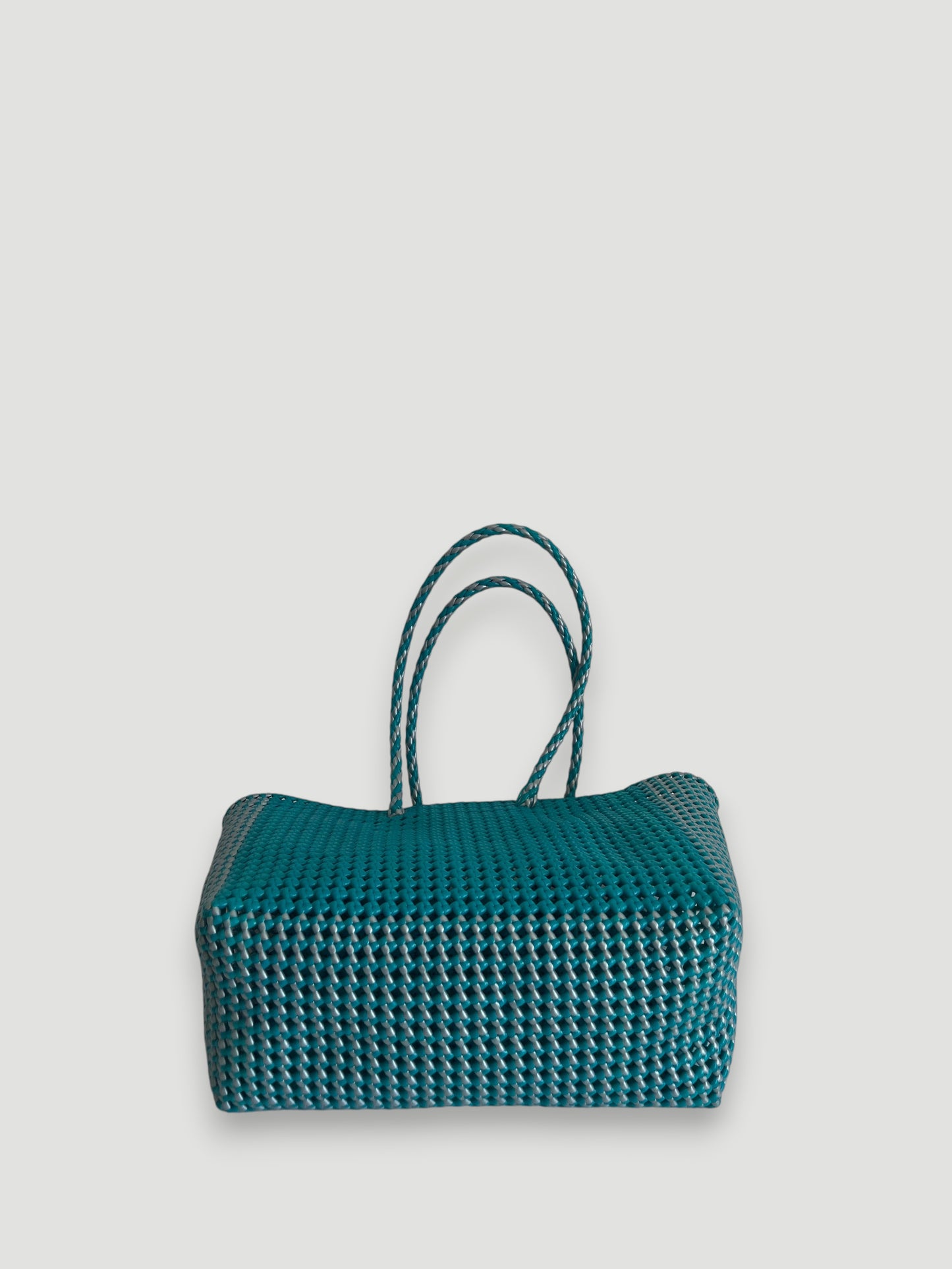 N°497L - SAC PANIER TRESSÉ MAIN - GRAND - turquoise & argenté