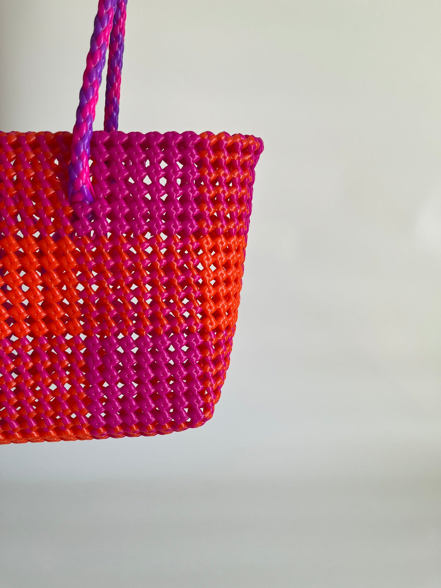 N°97S bis - SAC CABAS TRESSÉ MAIN - PETIT - rose foncé & orange