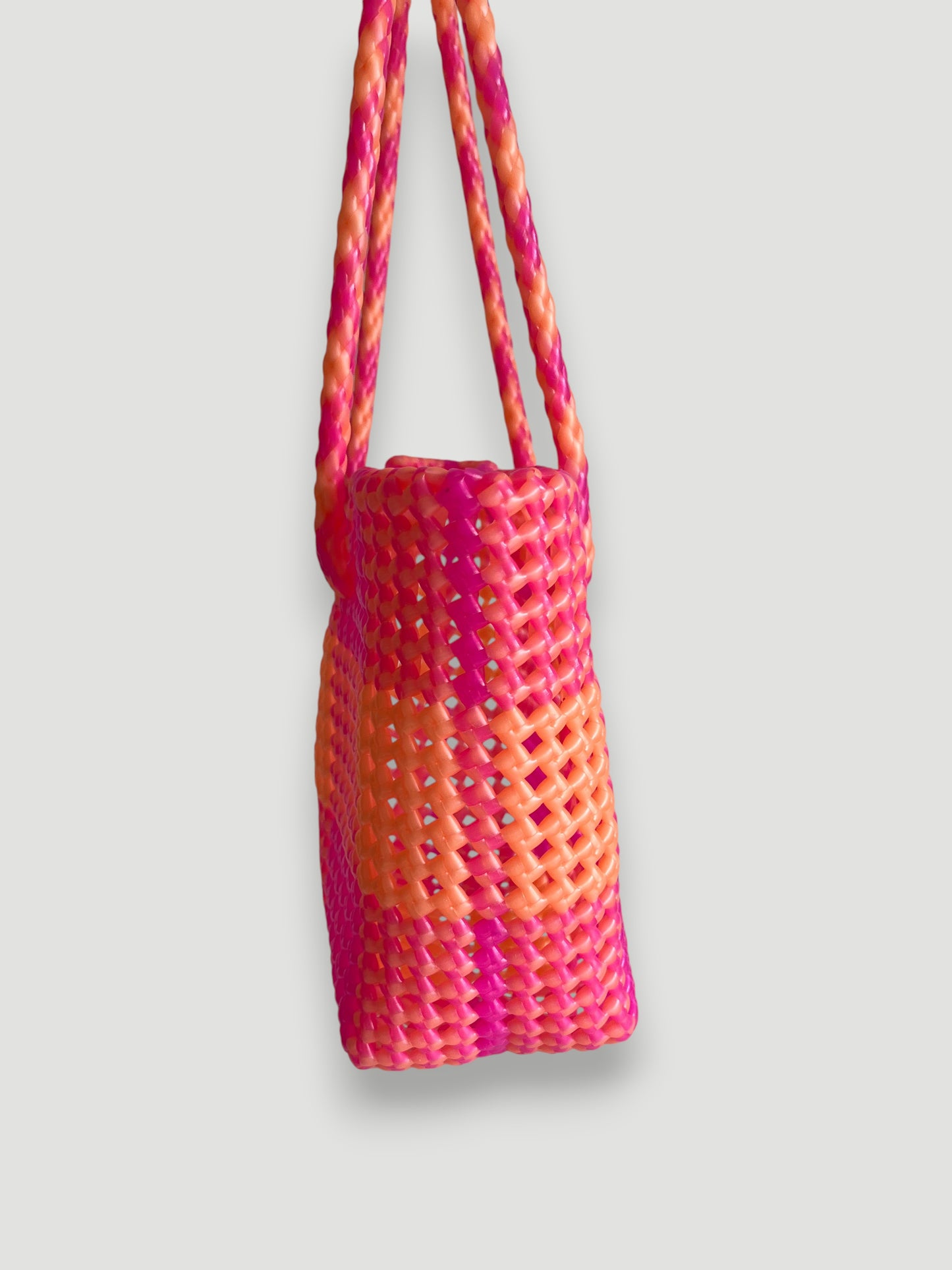 N°512S - SAC PANIER TRESSÉ MAIN - PETIT - orange métallique & rose fluo glacé
