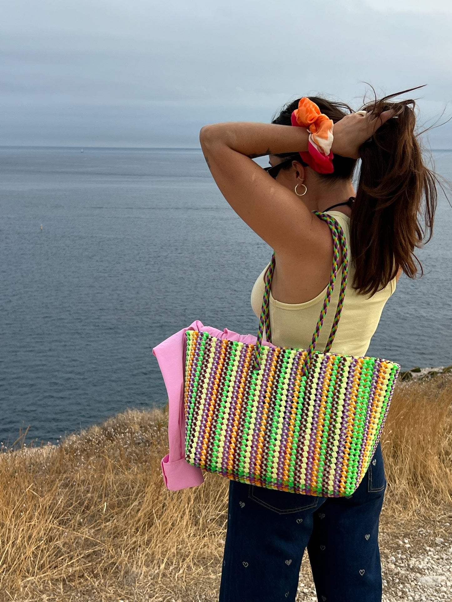 N°422L - SAC CABAS TRESSÉ MAIN - GRAND - multicolors