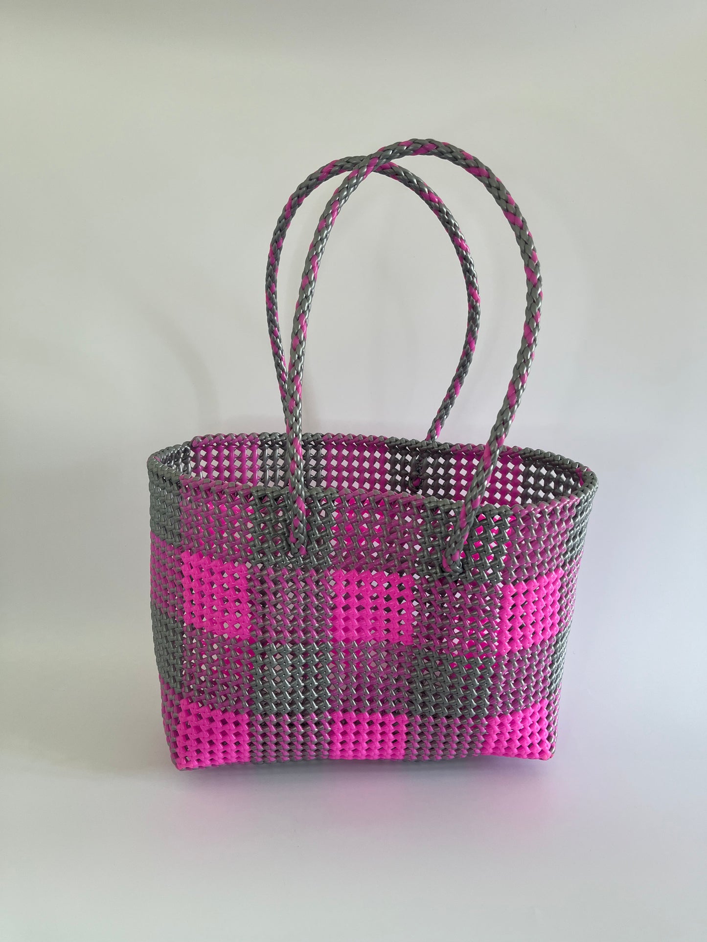 N°110L - SAC CABAS TRESSÉ MAIN - GRAND - rose clair & argenté