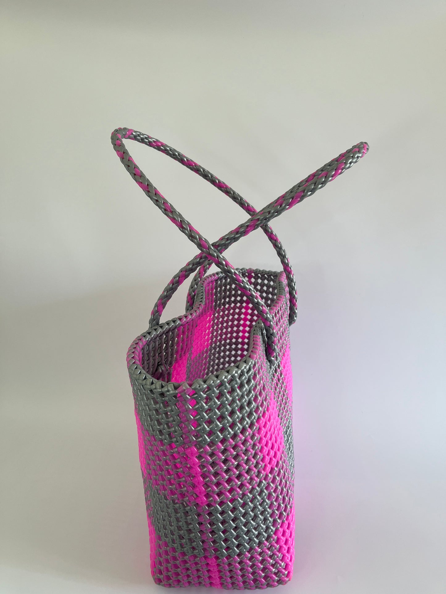 N°110L - SAC CABAS TRESSÉ MAIN - GRAND - rose clair & argenté