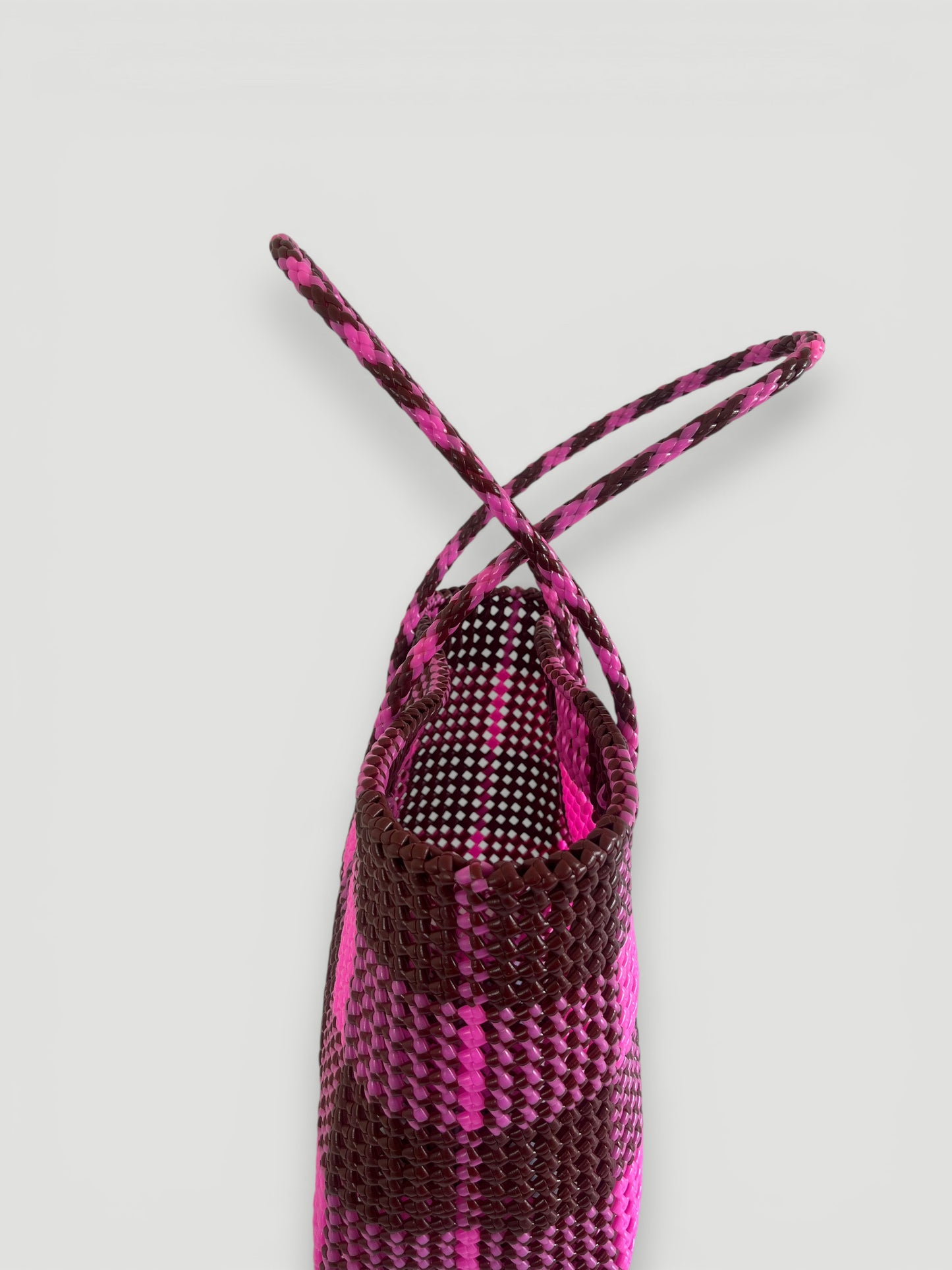 N°221L - SAC PANIER TRESSÉ MAIN - GRAND - bordeaux & rose clair