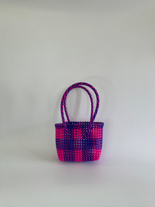 N°15XS - SAC CABAS TRESSÉ MAIN - MINI - rose fluo & bleu foncé