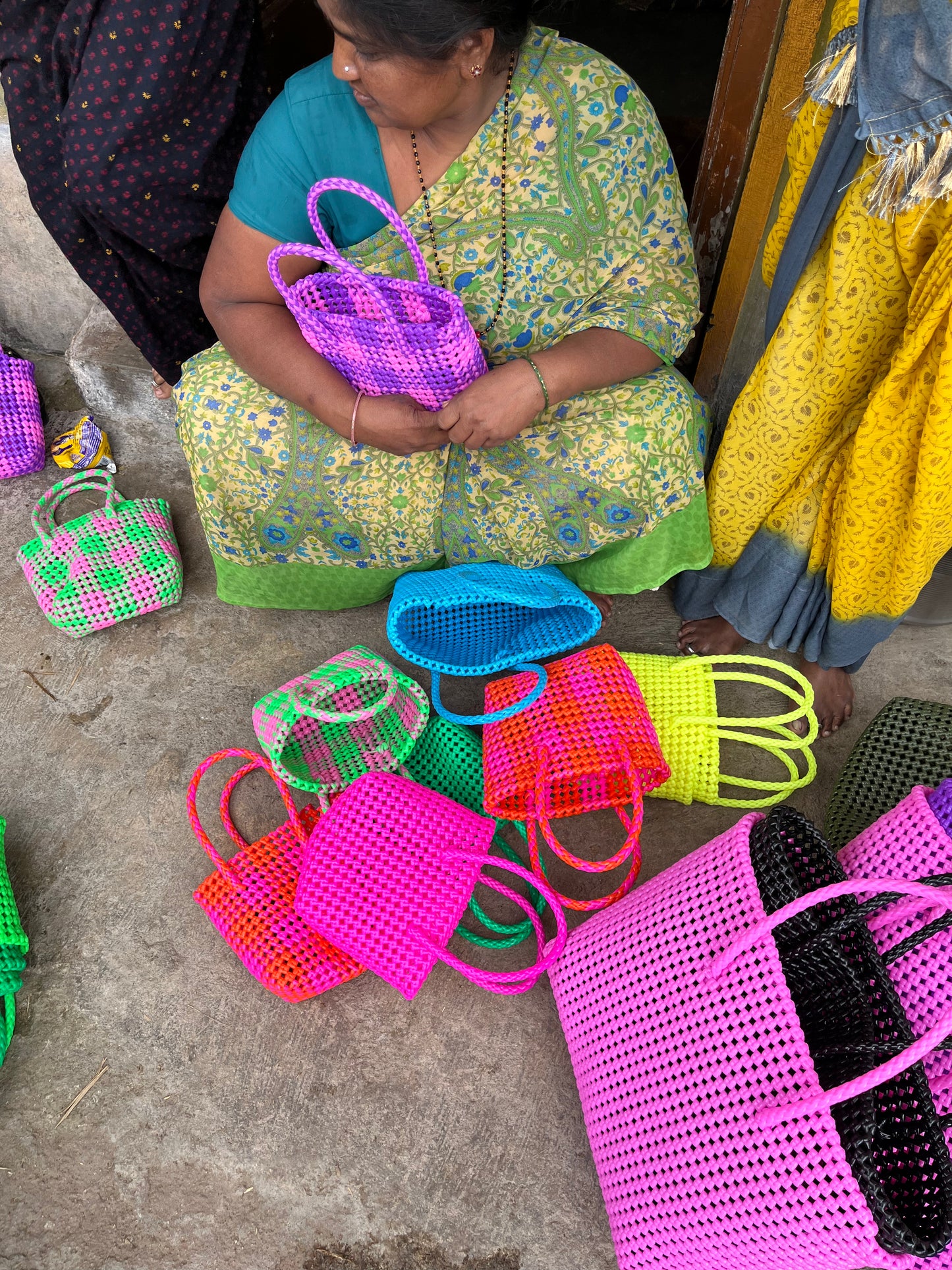 N°105XS - SAC CABAS IMPARFAIT - MINI - rose clair & vert fluo