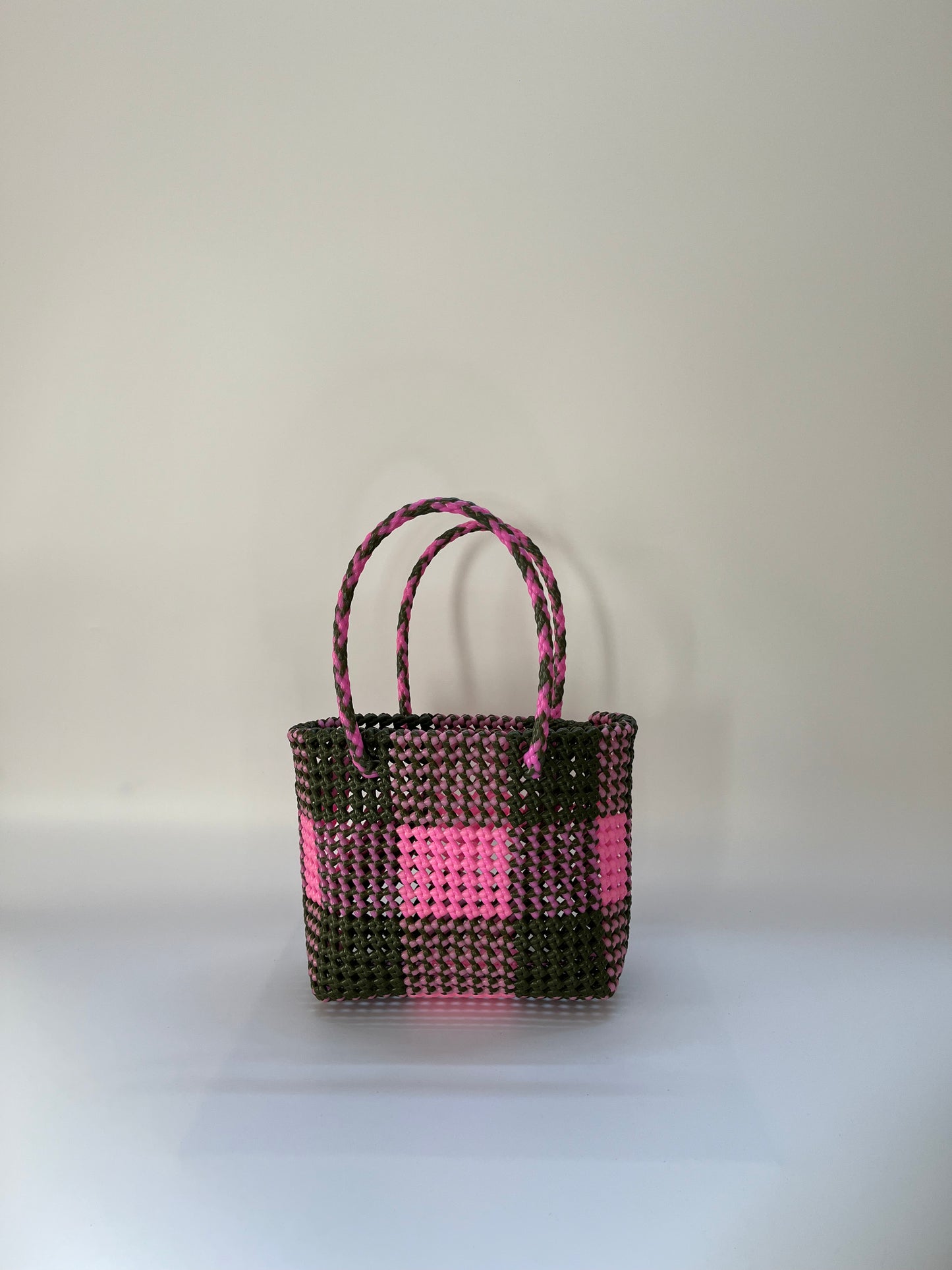 N°23S - SAC CABAS TRESSÉ MAIN - PETIT - kaki & rose clair