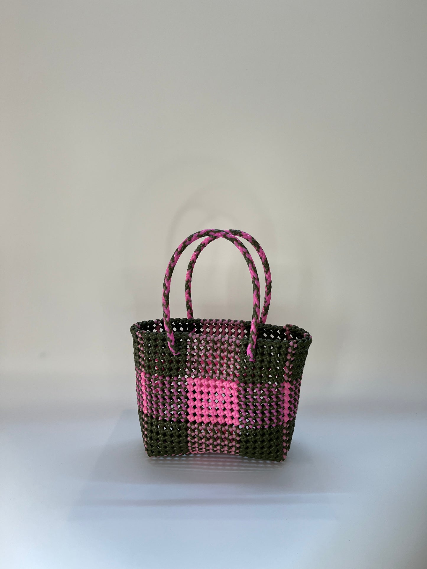 N°23S - SAC CABAS TRESSÉ MAIN - PETIT - kaki & rose clair