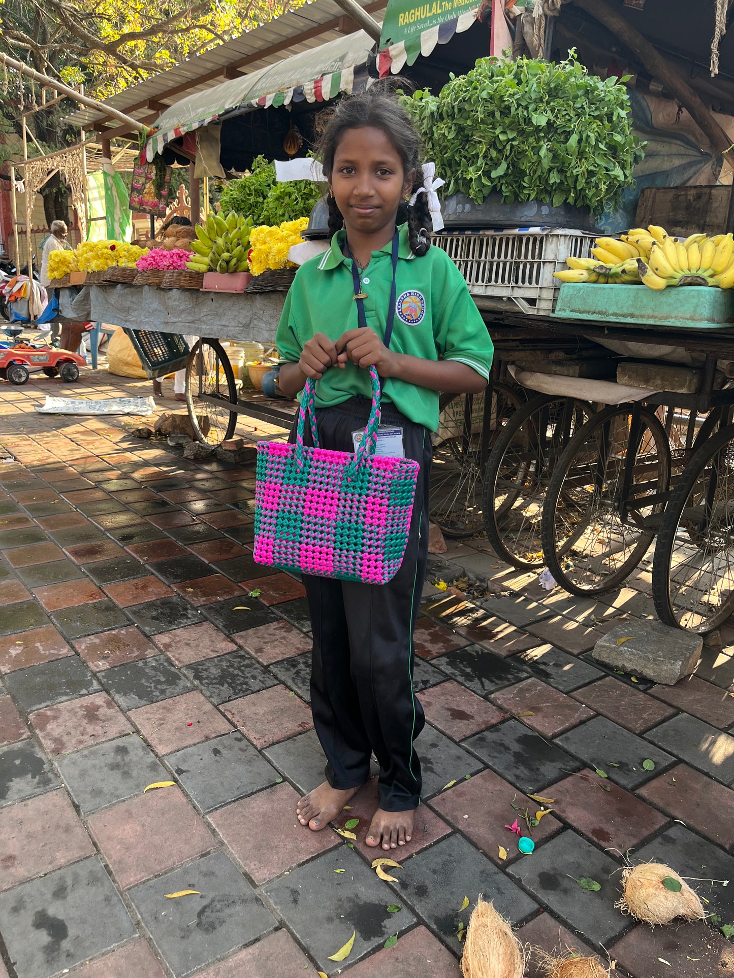 N°115S - SAC COLORÉ - PETIT - rose fluo & vert foncé