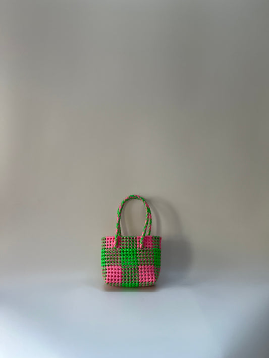 N°105XS bis - SAC CABAS TRESSÉ MAIN - MINI - rose clair & vert fluo