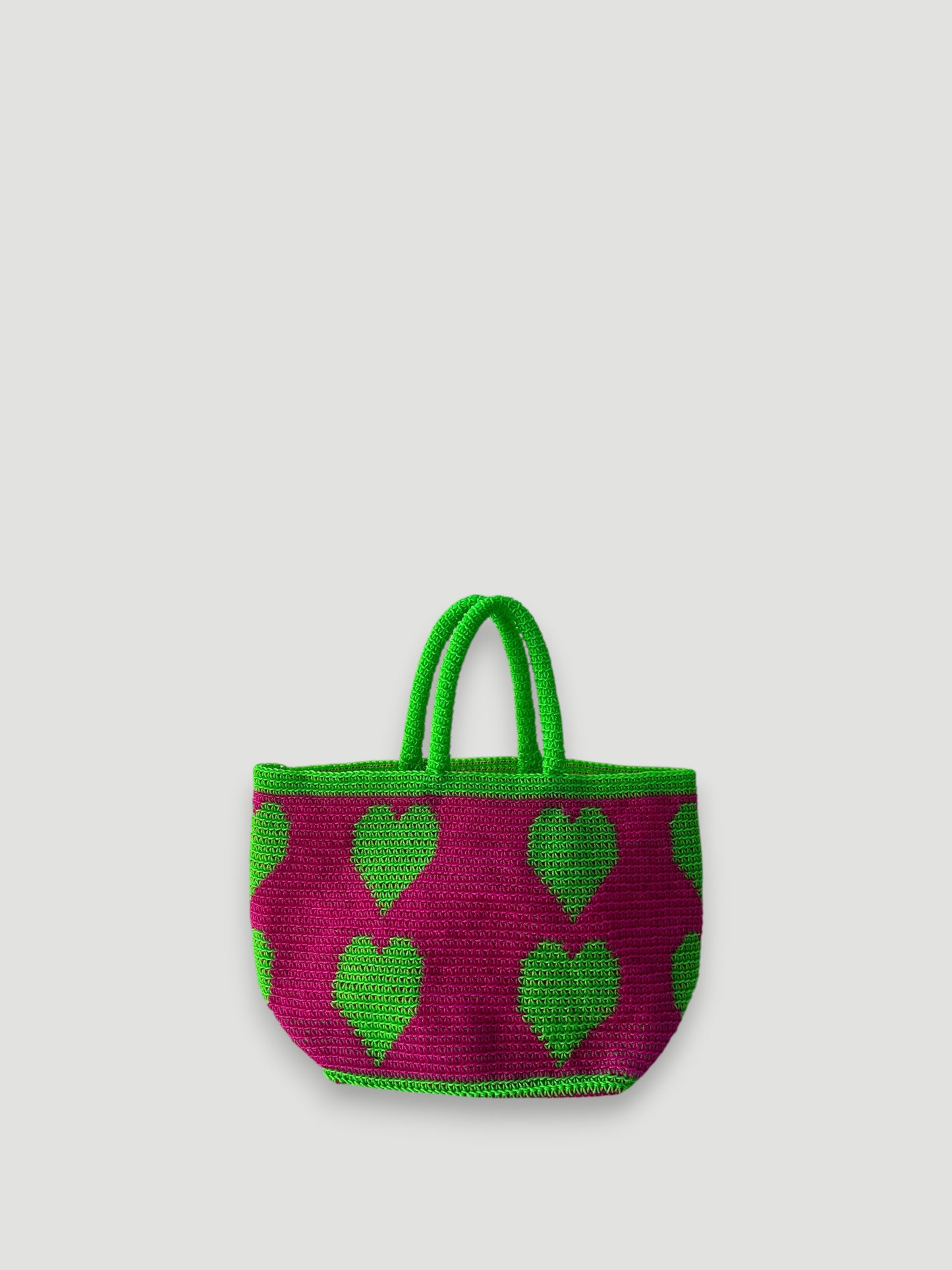 N°8SC - SAC PANIER CROCHET COEUR M - MOYEN - vert fluo & rose fluo
