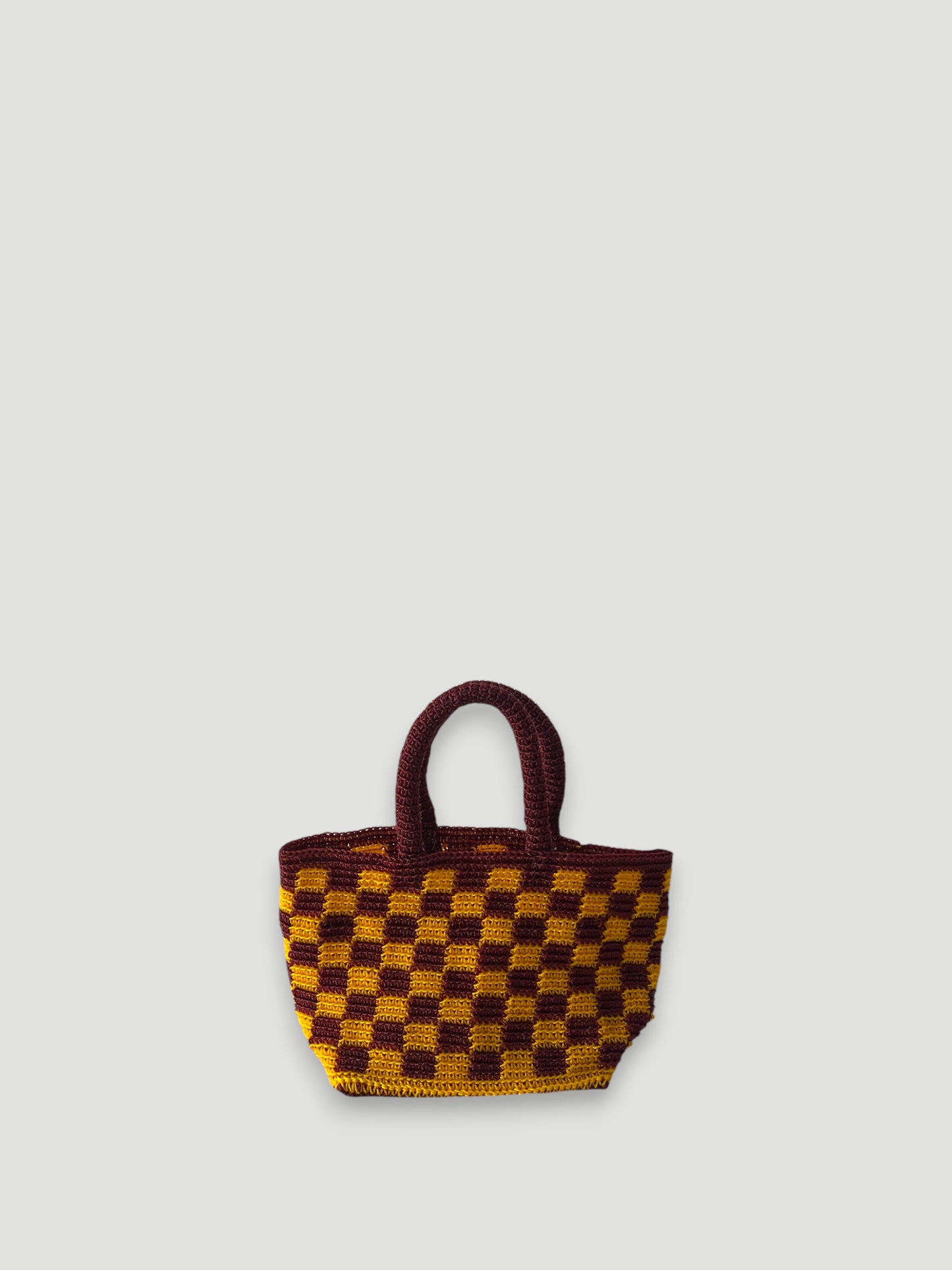 N°3SC - SAC PANIER CROCHET DAMIER S - PETIT - bordeaux & moutarde