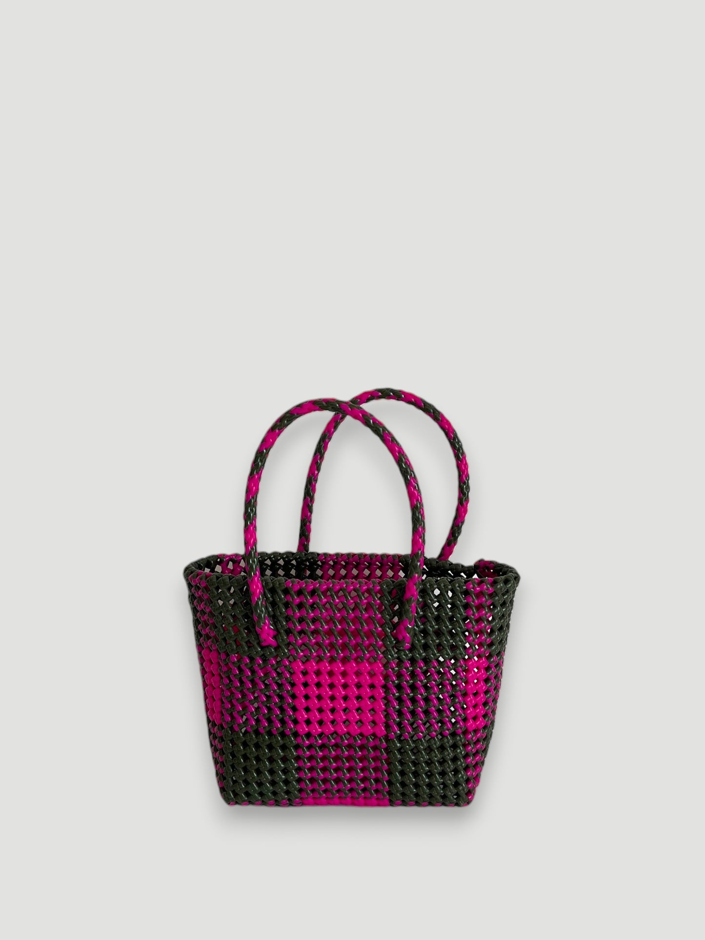 N°153S - SAC PANIER TRESSÉ MAIN - PETIT - kaki & rose foncé