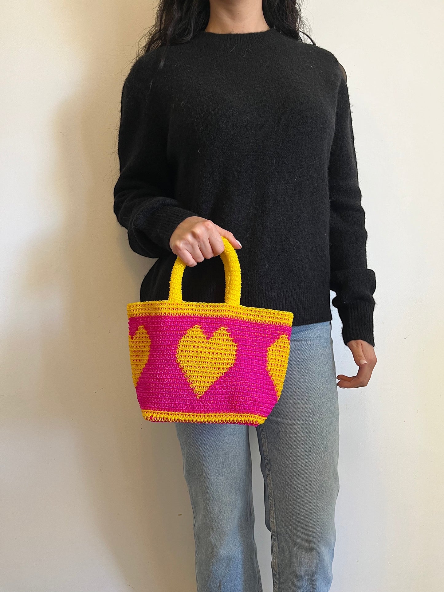N°14SC - SAC PANIER CROCHET COEUR XS - MINI - rose fluo & jaune