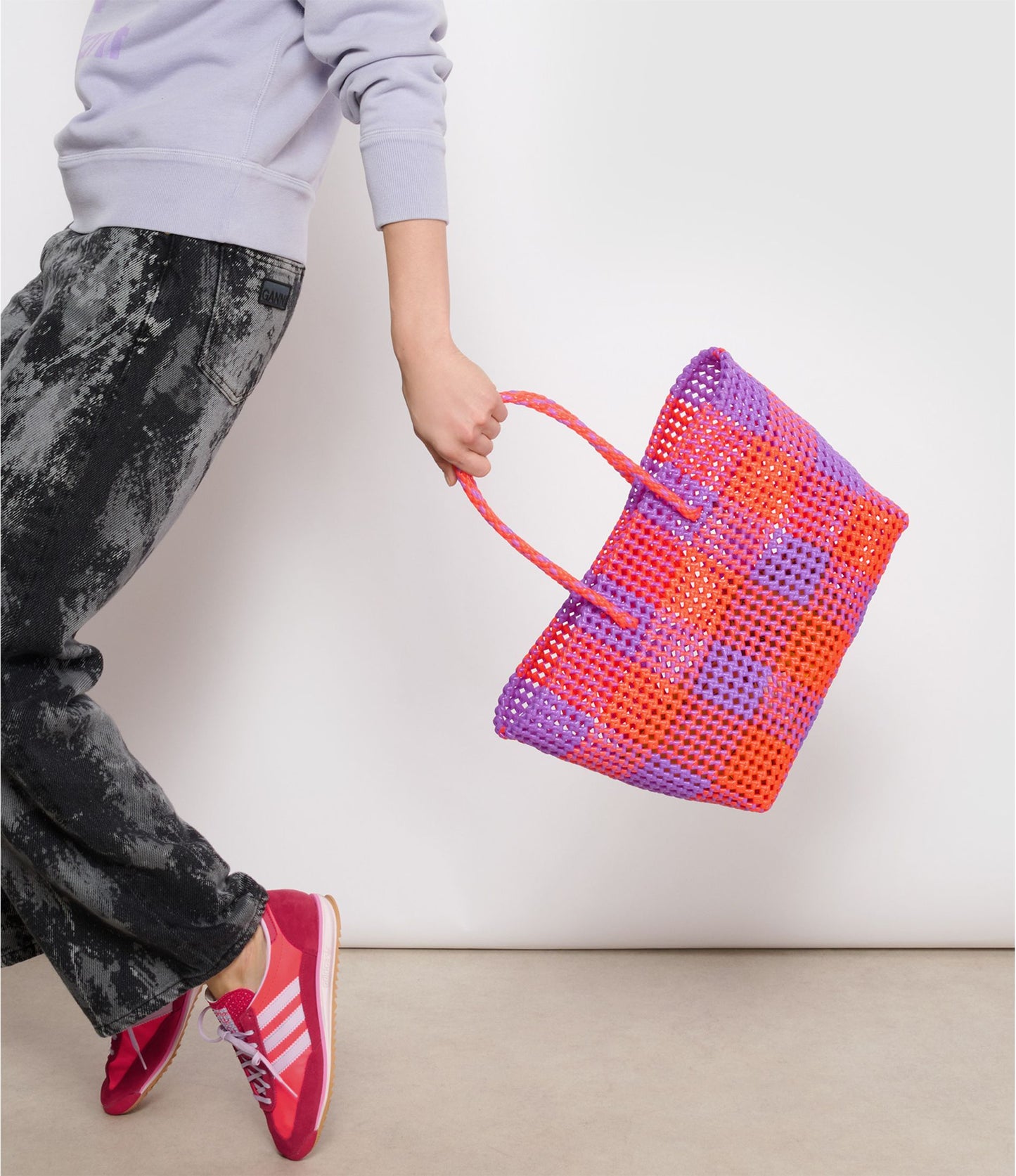 N°8L - SAC CABAS TRESSÉ MAIN - GRAND - rouge clair & violet