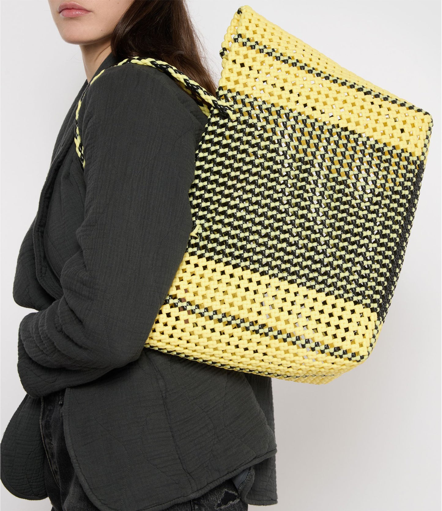 N°154L - SAC CABAS TRESSÉ MAIN - GRAND - noir & crème