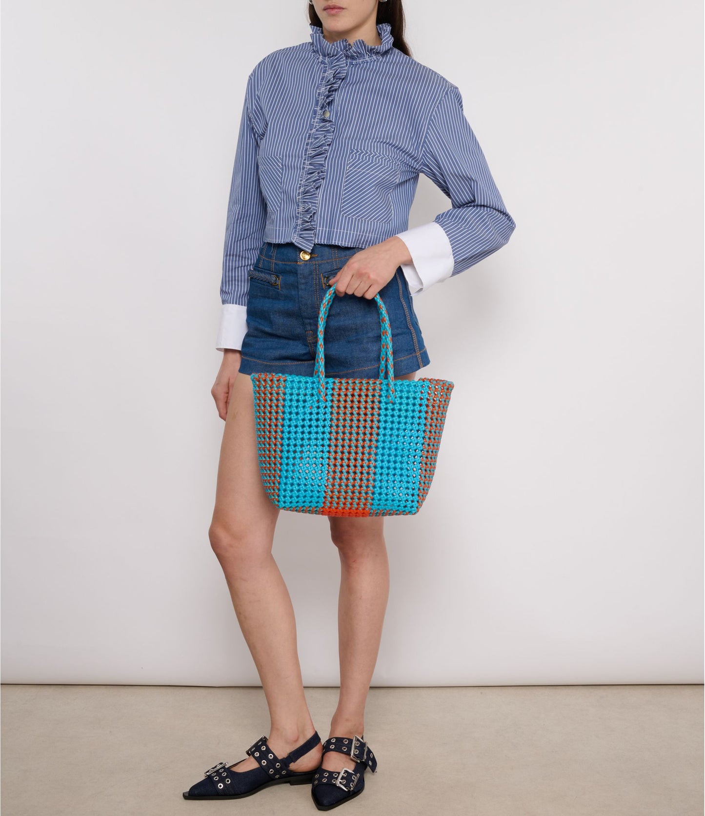 N°77M bis - SAC CABAS TRESSÉ MAIN - MOYEN - orange & bleu clair