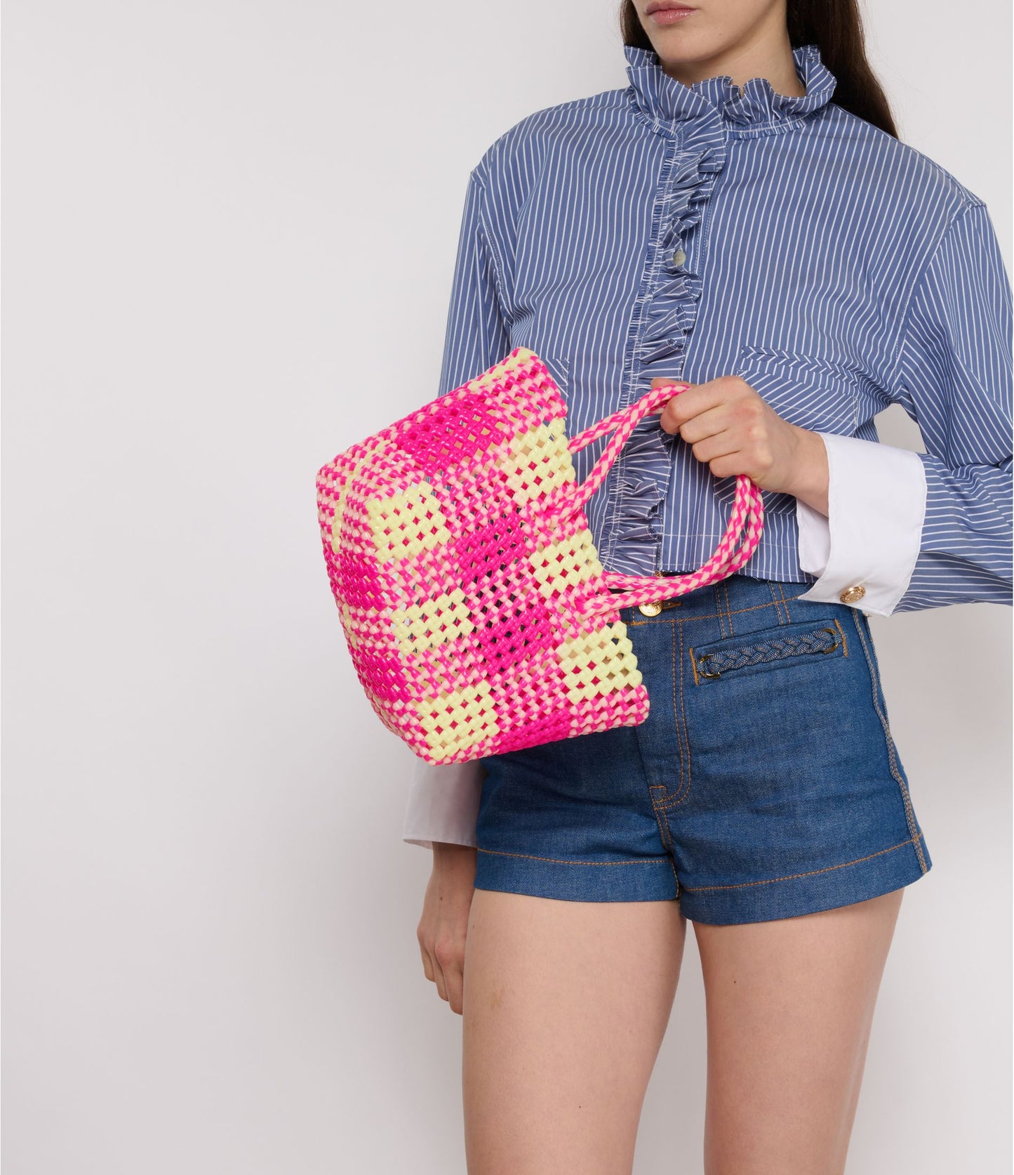 N°108S bis - SAC CABAS TRESSÉ MAIN - PETIT - rose fluo & écru
