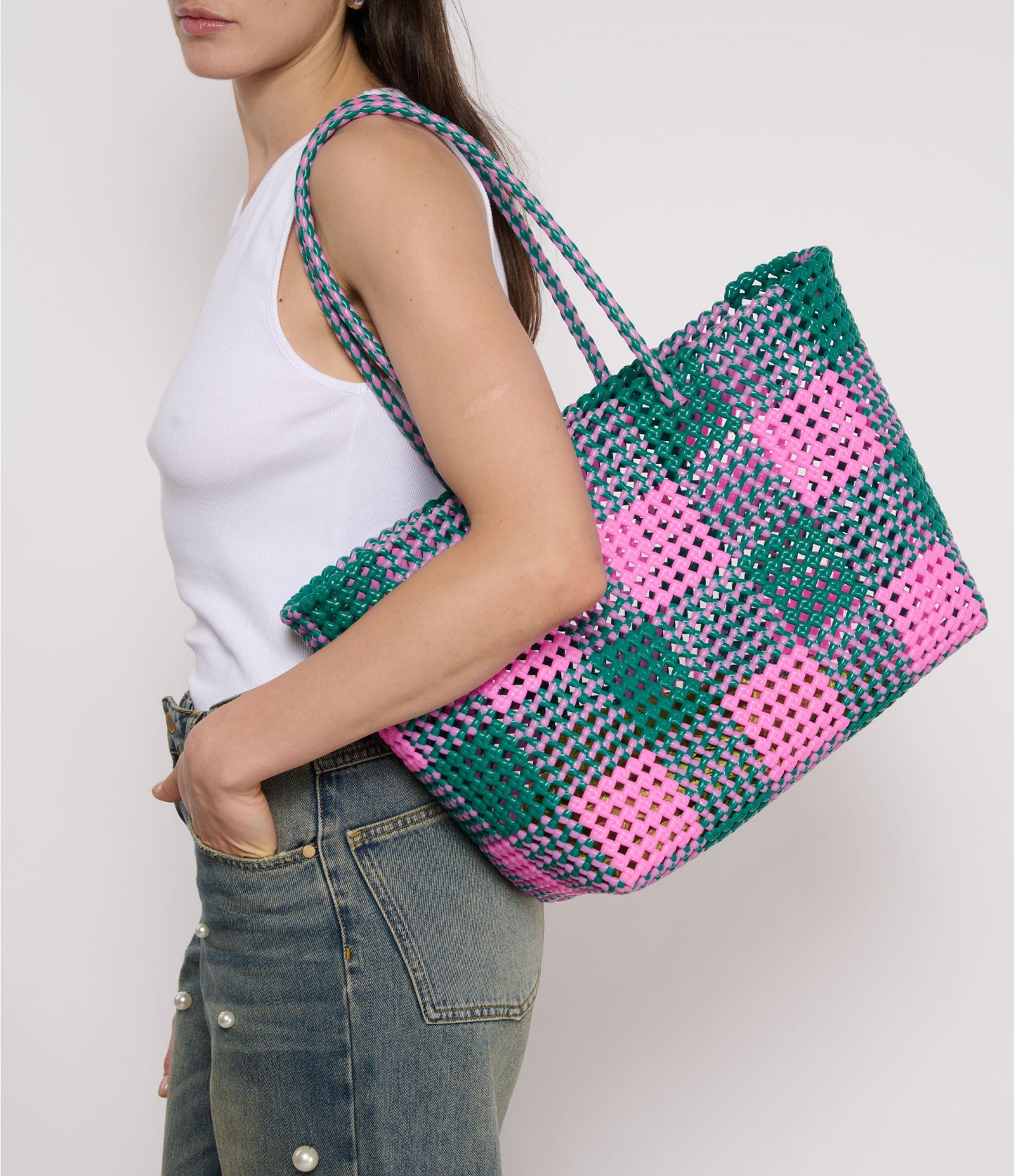 N°52L - SAC CABAS TRESSÉ MAIN - GRAND - rose clair & vert foncé
