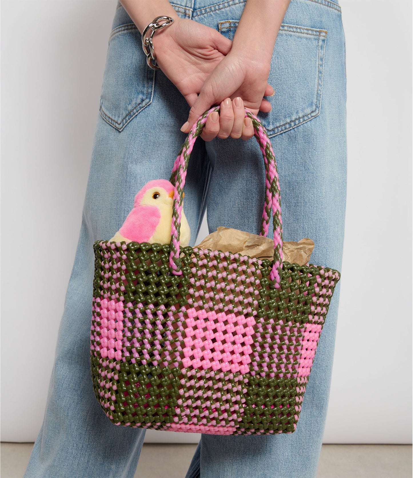 N°23S - SAC CABAS TRESSÉ MAIN - PETIT - kaki & rose clair