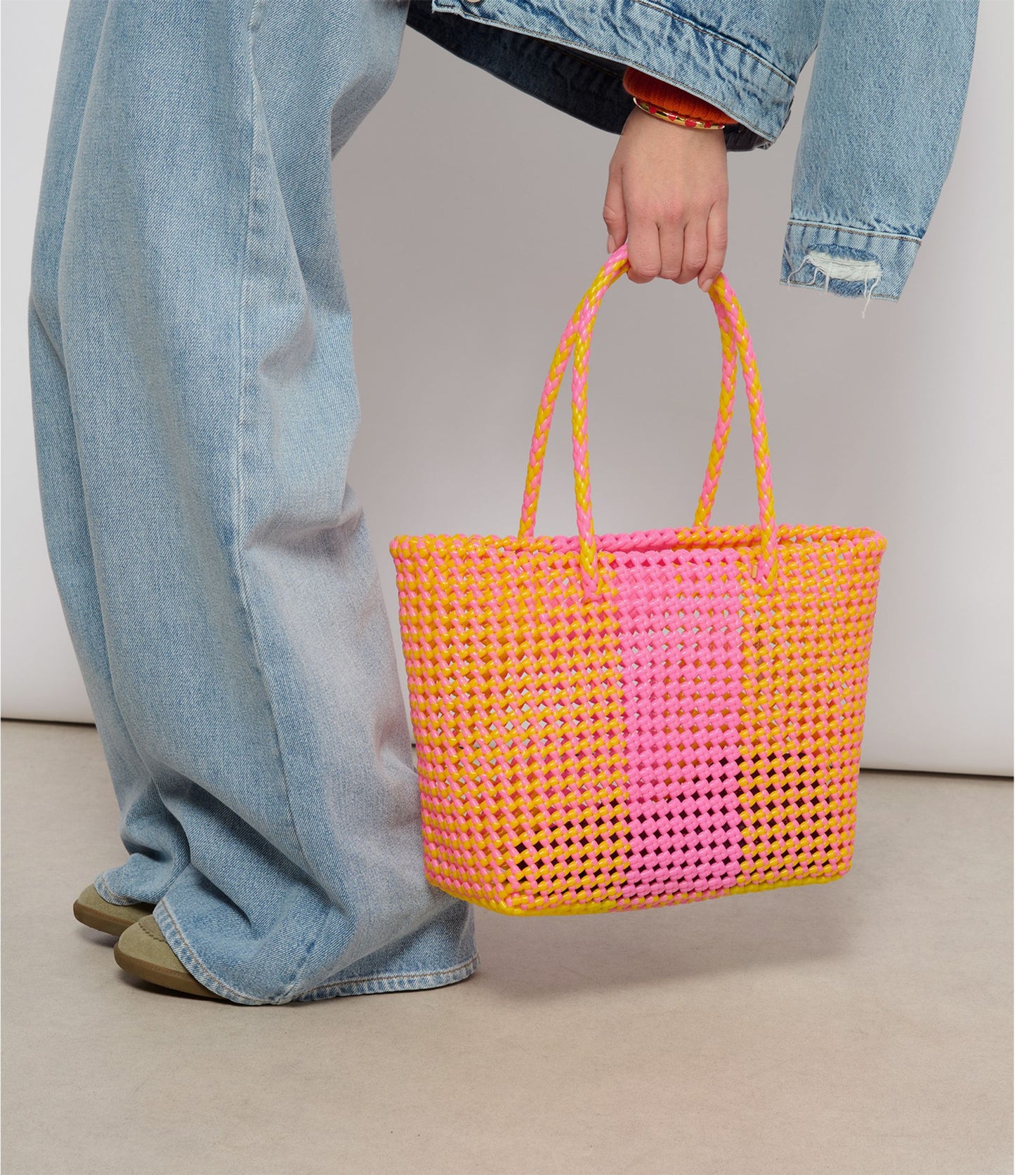 N°24M bis - SAC CABAS TRESSÉ MAIN - MOYEN - jaune & rose clair