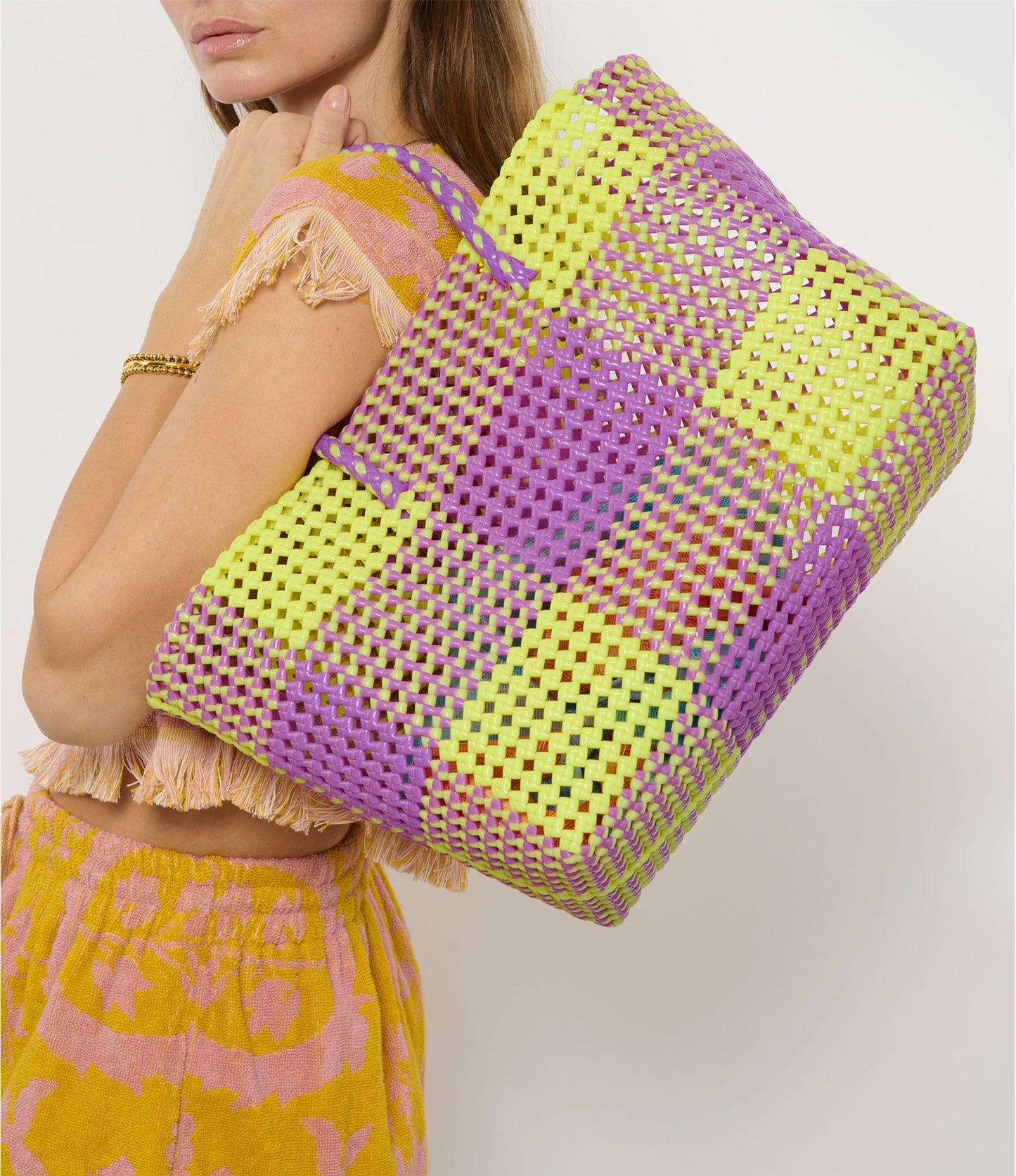 N°7L - SAC CABAS TRESSÉ MAIN - GRAND - jaune fluo & violet