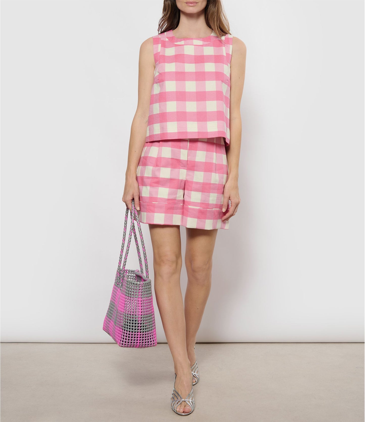 N°110L - SAC CABAS TRESSÉ MAIN - GRAND - rose clair & argenté