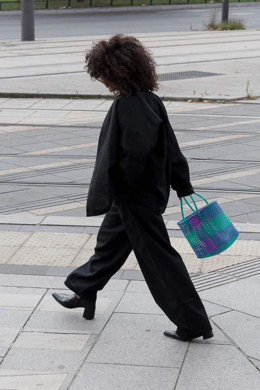 N°3M - SAC CABAS TRESSÉ MAIN - MOYEN - turquoise & violet