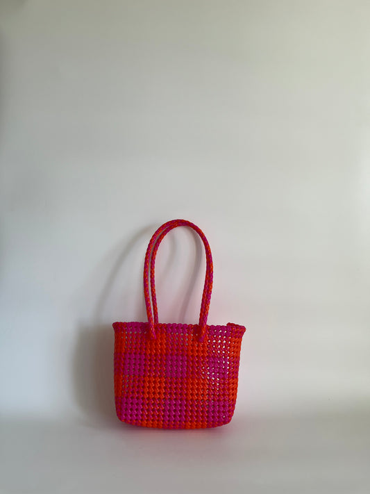 N°97S bis - SAC CABAS TRESSÉ MAIN - PETIT - rose foncé & orange