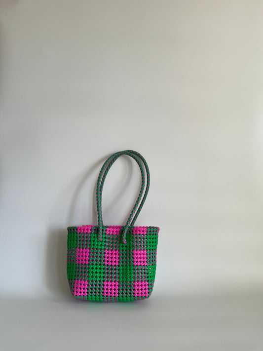 N°19S bis - SAC CABAS TRESSÉ MAIN - PETIT - rose clair & vert