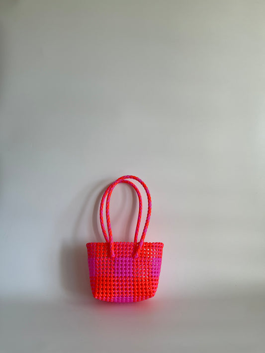 N°51XS - SAC CABAS TRESSÉ MAIN - MINI - rose clair & orange fluo