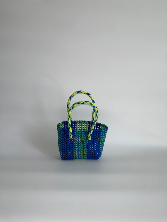 N°121XS - SAC CABAS TRESSÉ MAIN - MINI - jaune fluo & bleu foncé