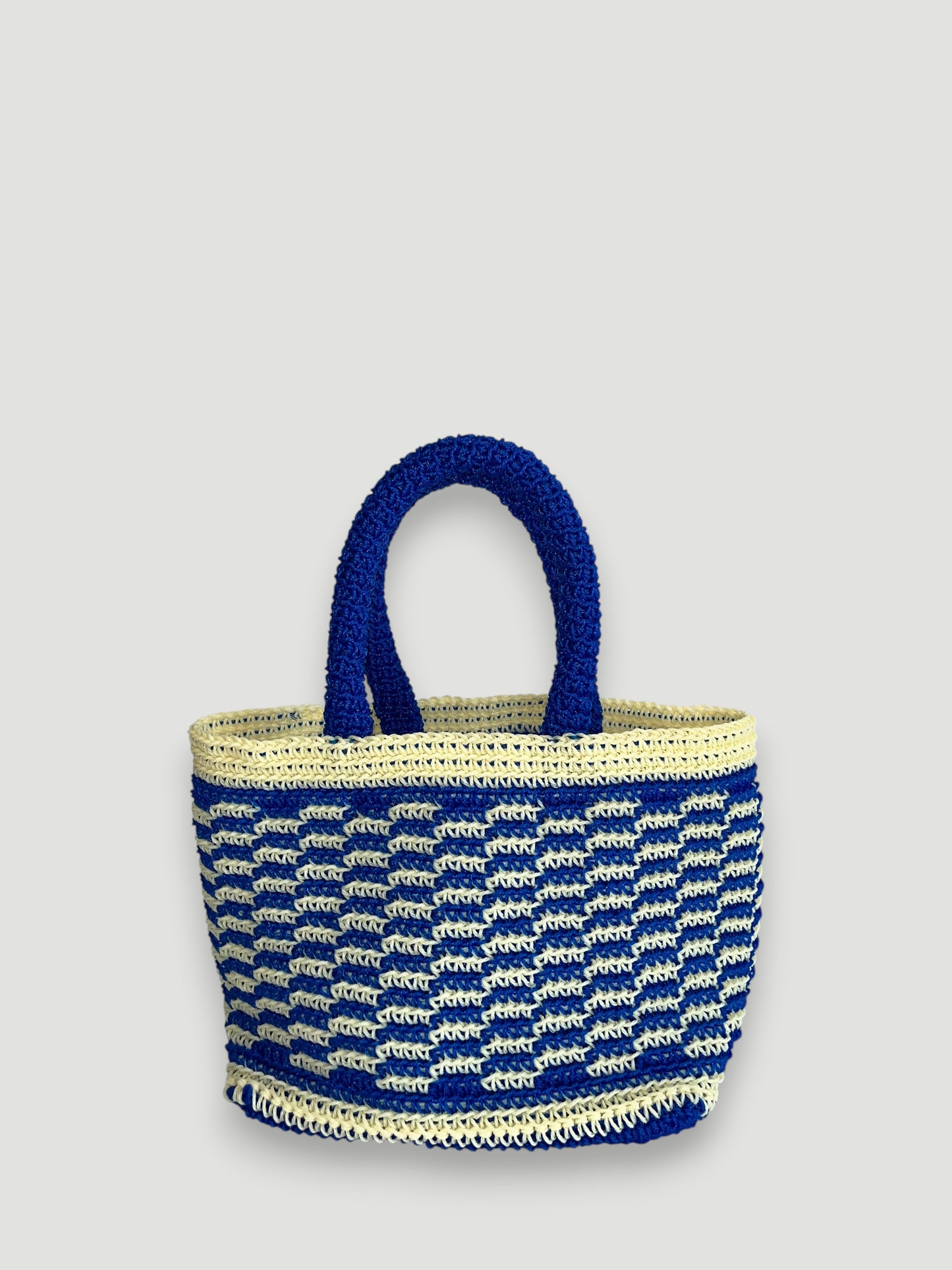 N°19SC - SAC PANIER CROCHET STRIE XS - MINI - bleu foncé & écru