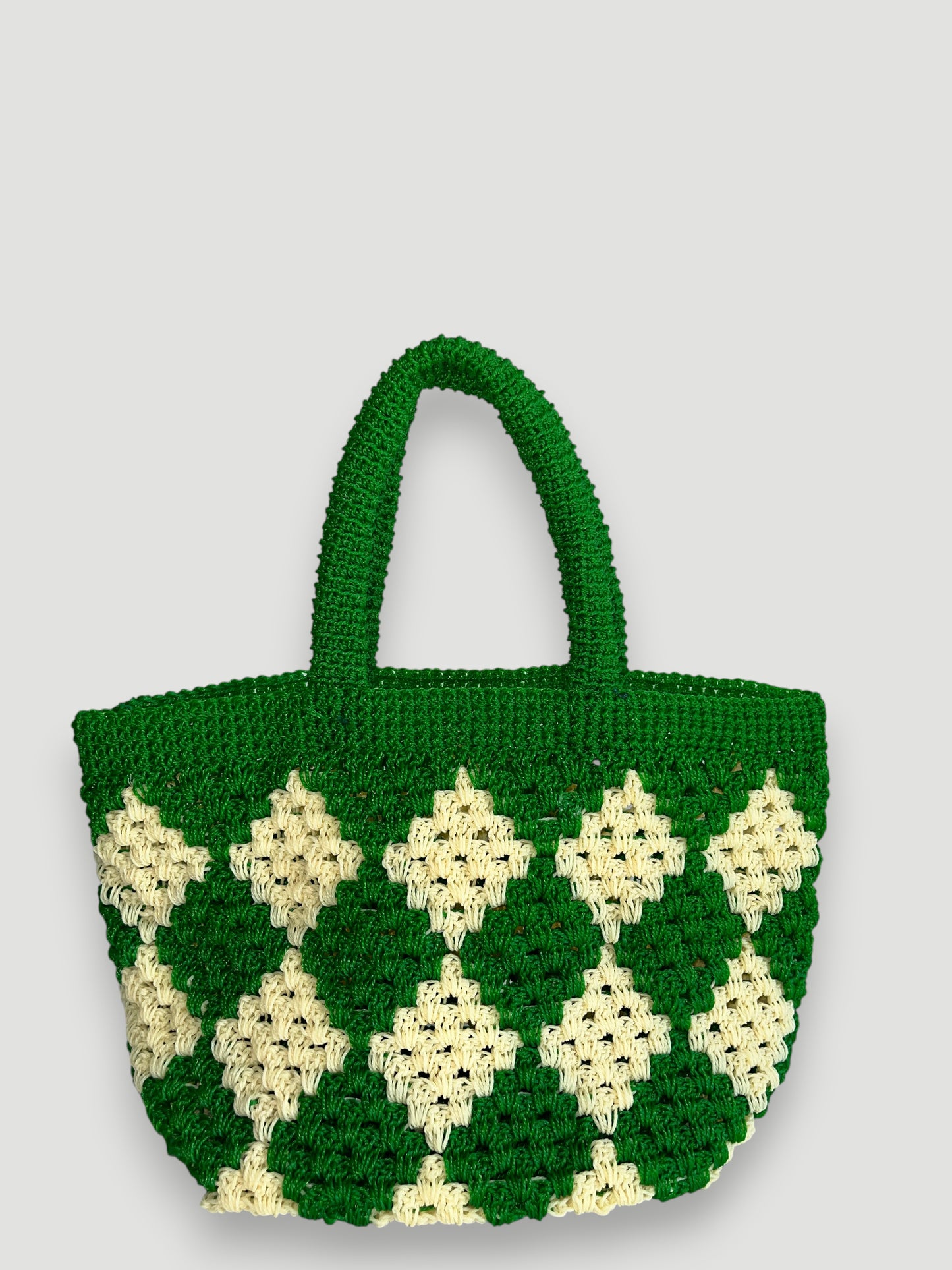 N°5SC - SAC PANIER CROCHET LOSANGE S - PETIT - vert & écru