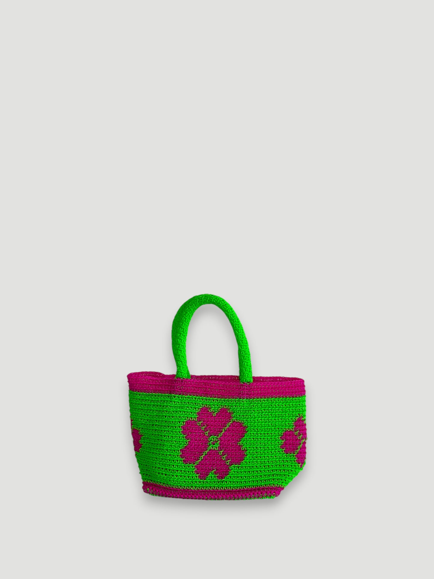 N°23SC - SAC PANIER CROCHET FLEUR XS - MINI - vert fluo & rose fluo