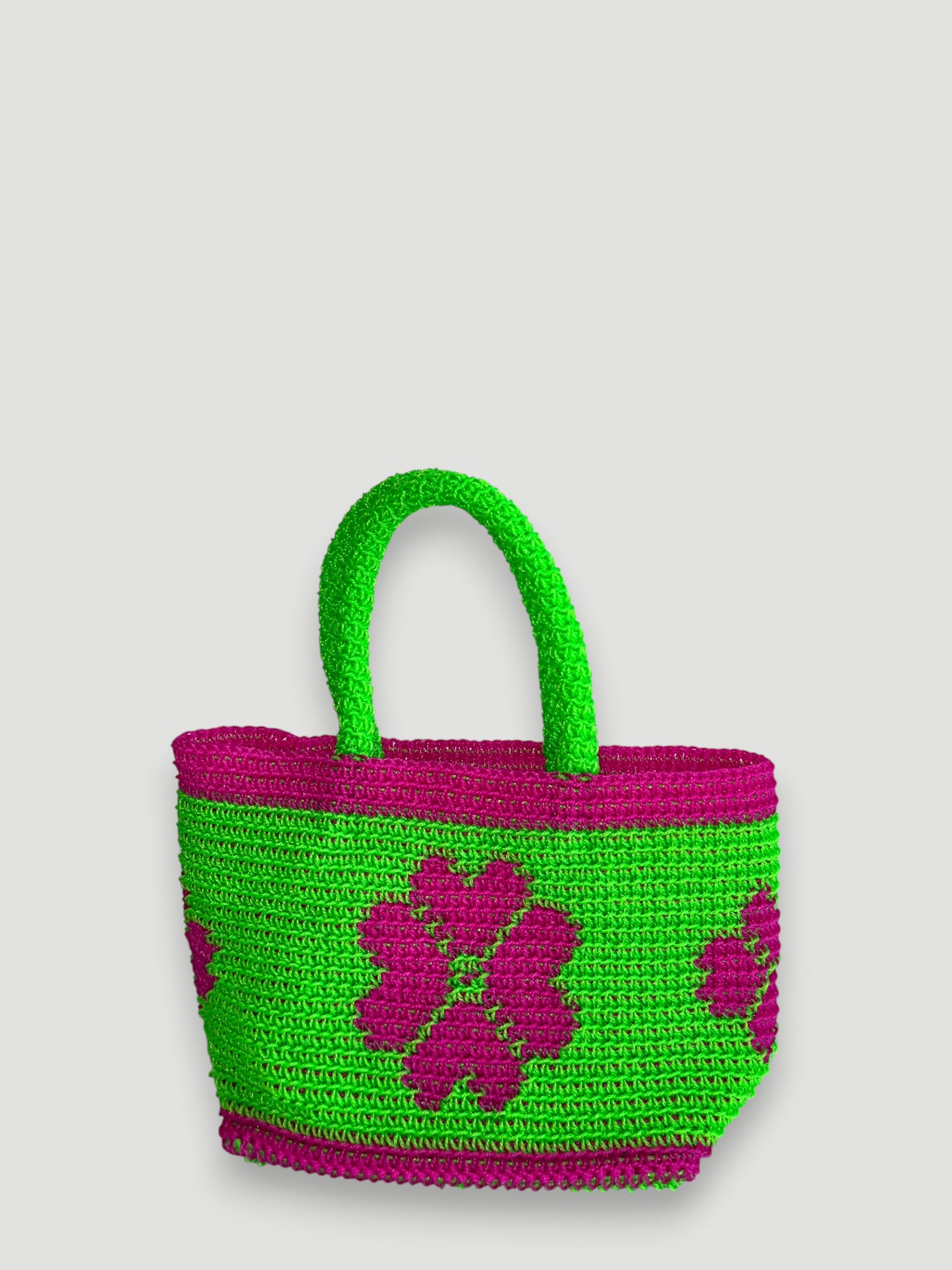 N°23SC - SAC PANIER CROCHET FLEUR XS - MINI - vert fluo & rose fluo
