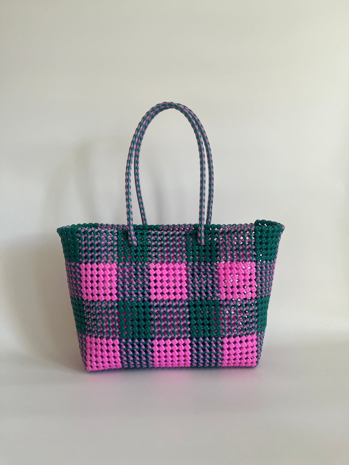 N°52L - SAC CABAS TRESSÉ MAIN - GRAND - rose clair & vert foncé