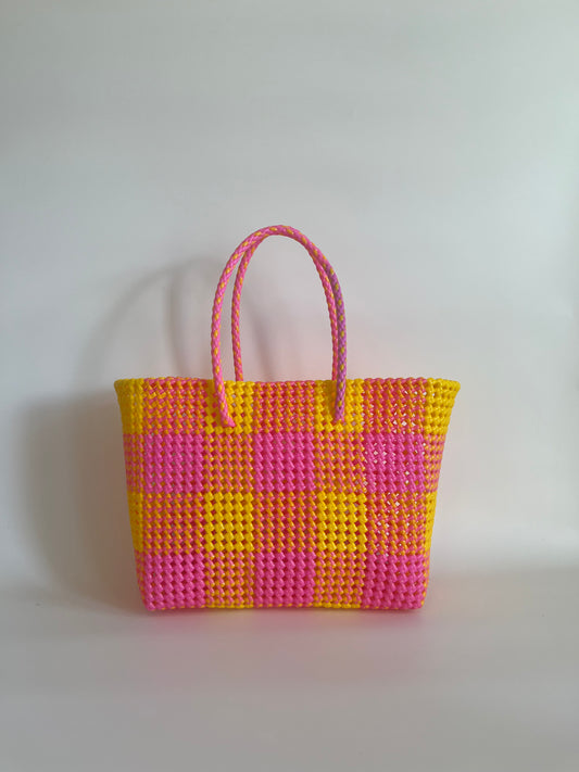 N°24L - SAC CABAS TRESSÉ MAIN - GRAND - jaune & rose clair